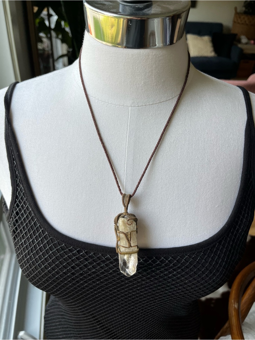 Handcrafted Brown Cord Necklace with Wire Wrapped Clear Crystal Pendant